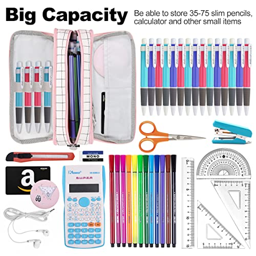 Chelory Big Capacity Pencil Case Large Storage Pencil Bag Pouch Marker 3 Compartment Stationery Pen Cases Holder for Adults Office Organizer Gifts (Plaid White) - Image 2