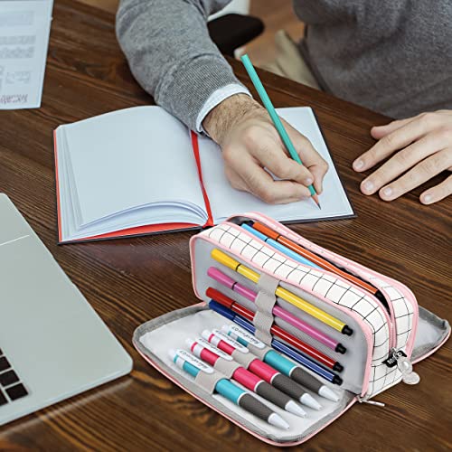 Chelory Big Capacity Pencil Case Large Storage Pencil Bag Pouch Marker 3 Compartment Stationery Pen Cases Holder for Adults Office Organizer Gifts (Plaid White) - Image 5