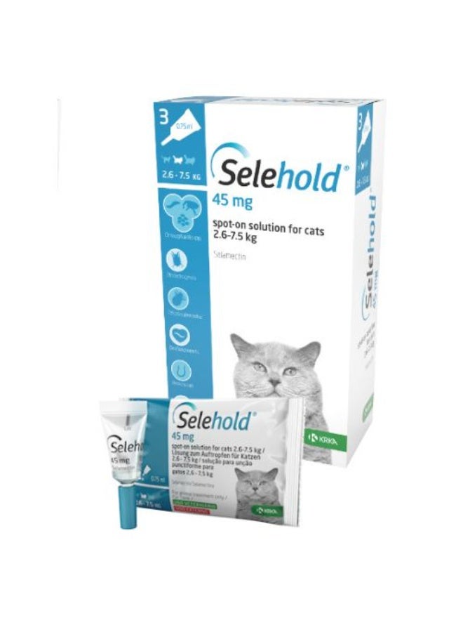 KRKA Selehold Spot-On, Flea & Parasite Protection for Cats 2.6–7.5 kg, 45mg 3 Pipettes From Varmacy - Image 1