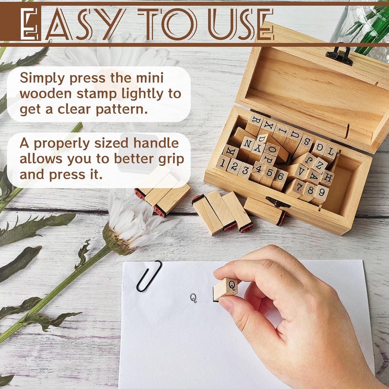 OJYUDD 36 Pcs Wooden Rubber Number Alphabet Stamps,Rubber Vintage Letter Stamps Kit,Stamper Seal Set with Wooden Box for Crafting,Scrapbooking,Journaling,Card Making - Image 4