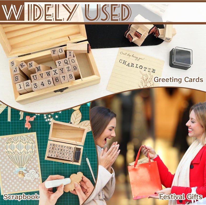 OJYUDD 36 Pcs Wooden Rubber Number Alphabet Stamps,Rubber Vintage Letter Stamps Kit,Stamper Seal Set with Wooden Box for Crafting,Scrapbooking,Journaling,Card Making - Image 5