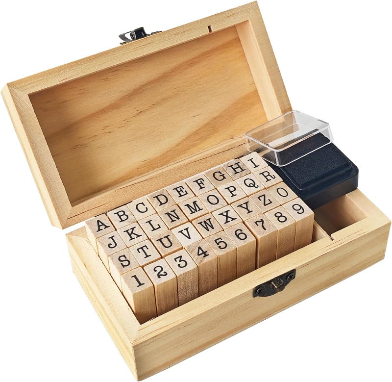 OJYUDD 36 Pcs Wooden Rubber Number Alphabet Stamps,Rubber Vintage Letter Stamps Kit,Stamper Seal Set with Wooden Box for Crafting,Scrapbooking,Journaling,Card Making - Image 1