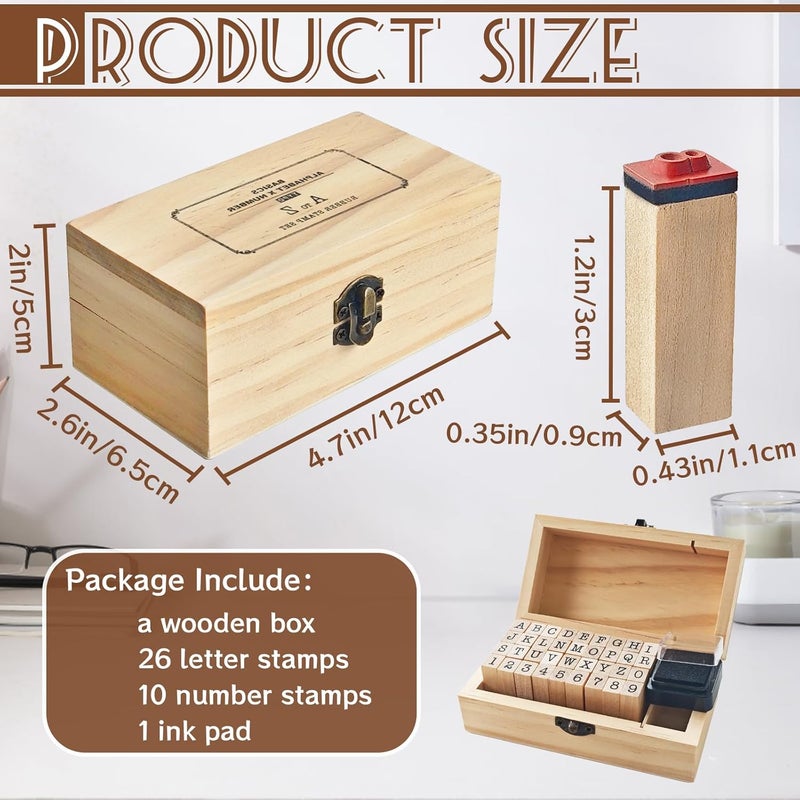 OJYUDD 36 Pcs Wooden Rubber Number Alphabet Stamps,Rubber Vintage Letter Stamps Kit,Stamper Seal Set with Wooden Box for Crafting,Scrapbooking,Journaling,Card Making - Image 2