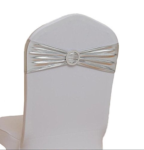 iEventStar Chair Sashes Chair Bow Chair Decoration Spandex Stretch Band with Buckle Slider for Wedding Party Events10PCS (Metallic Silver) - Image 1
