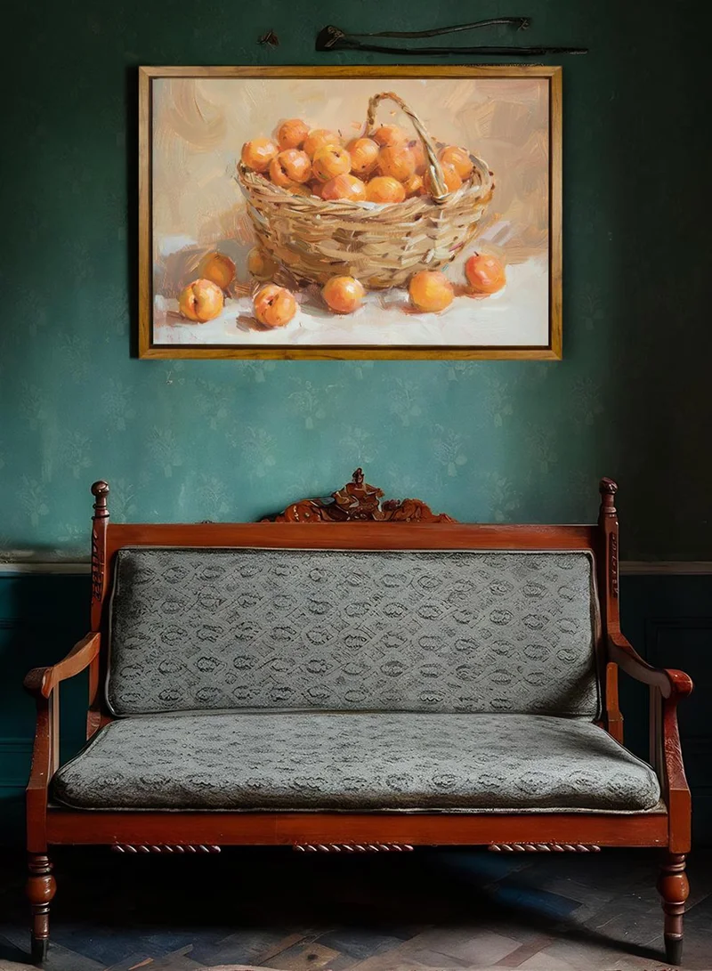 LOWHA Canvas Wall Art Stretched Over Wooden Frame with Wooden Color Floating Frame and Vintage Style Basket of Fruit Abstract Painting