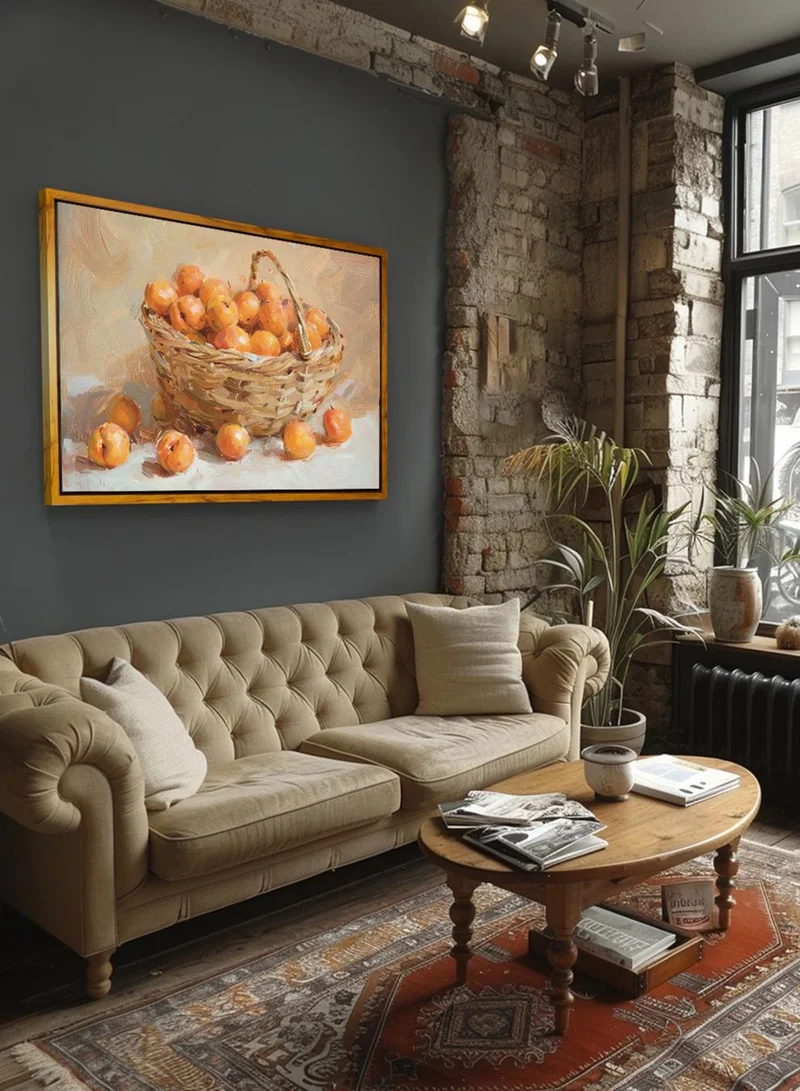 LOWHA Canvas Wall Art Stretched Over Wooden Frame with Wooden Color Floating Frame and Vintage Style Basket of Fruit Abstract Painting
