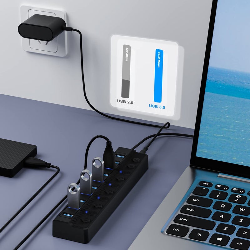 ONFINIO Powered USB Hub 3.0, 10-Port USB Splitter Hub with Individual On/Off Switches and 12V/2A Power Adapter USB Extension - Image 2
