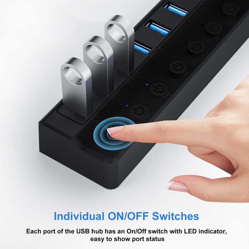 ONFINIO Powered USB Hub 3.0, 10-Port USB Splitter Hub with Individual On/Off Switches and 12V/2A Power Adapter USB Extension - Image 4