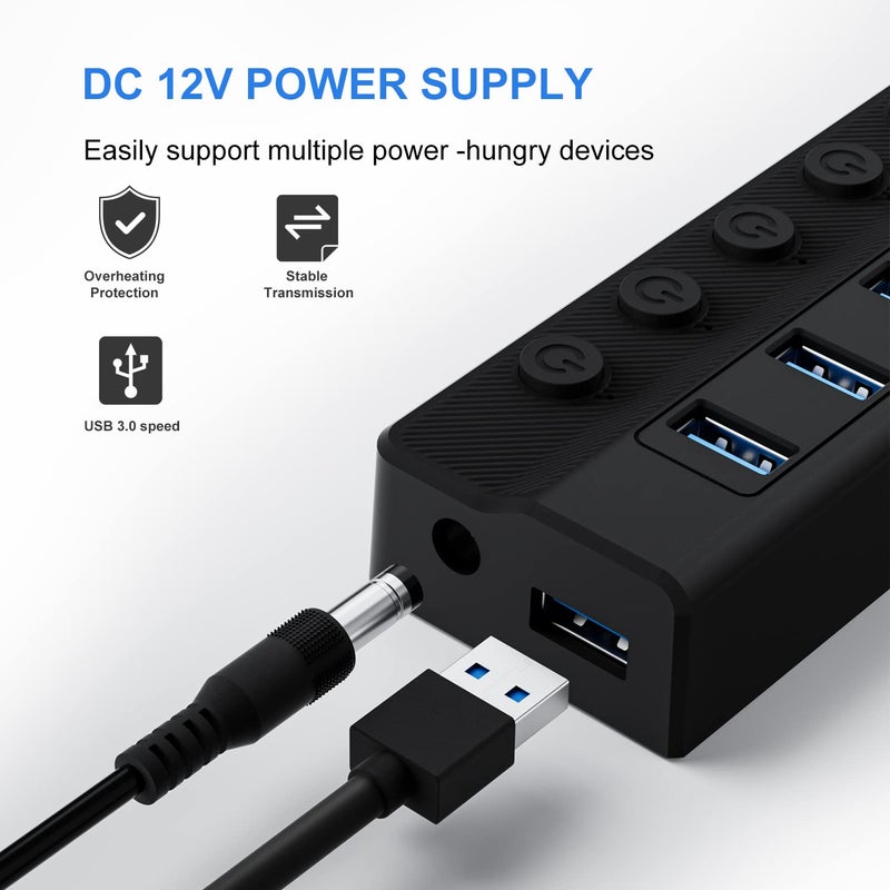 ONFINIO Powered USB Hub 3.0, 10-Port USB Splitter Hub with Individual On/Off Switches and 12V/2A Power Adapter USB Extension - Image 5