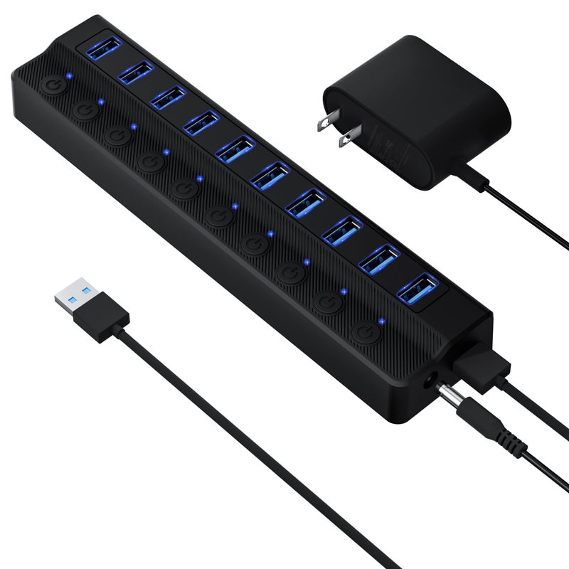 ONFINIO Powered USB Hub 3.0, 10-Port USB Splitter Hub with Individual On/Off Switches and 12V/2A Power Adapter USB Extension - Image 1