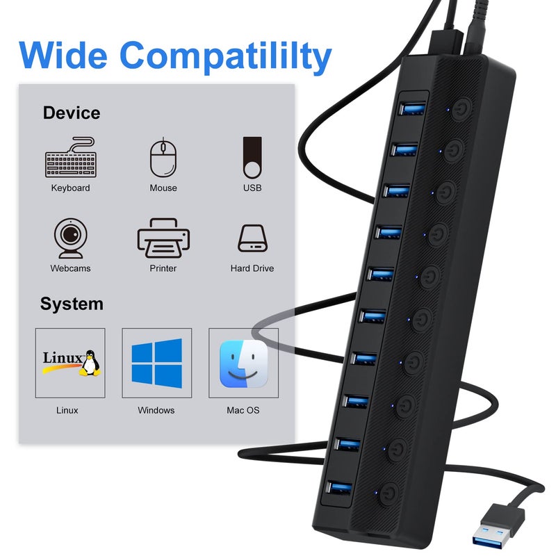 ONFINIO Powered USB Hub 3.0, 10-Port USB Splitter Hub with Individual On/Off Switches and 12V/2A Power Adapter USB Extension - Image 3