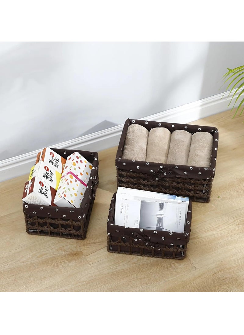 Cozy Nest - Set of 3 Eco-Friendly Handwoven Storage Baskets – Durable Rectangular Woven Bins with Sturdy Plastic Frame, Removable Fabric Lining, Decorative Macrame Design for Sundries, Toys, Books, Toiletries, and Elegant Home Organization - Image 1
