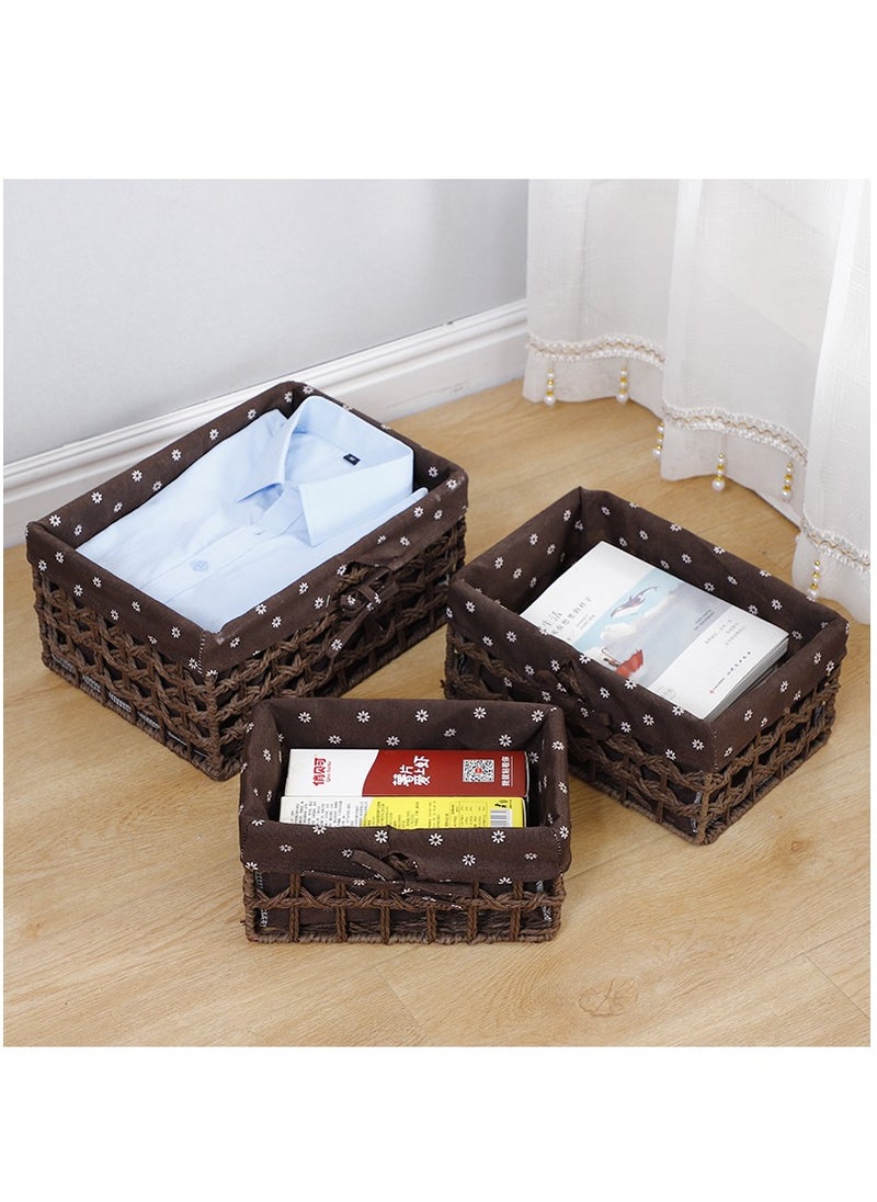 Cozy Nest - Set of 3 Eco-Friendly Handwoven Storage Baskets – Durable Rectangular Woven Bins with Sturdy Plastic Frame, Removable Fabric Lining, Decorative Macrame Design for Sundries, Toys, Books, Toiletries, and Elegant Home Organization - Image 1