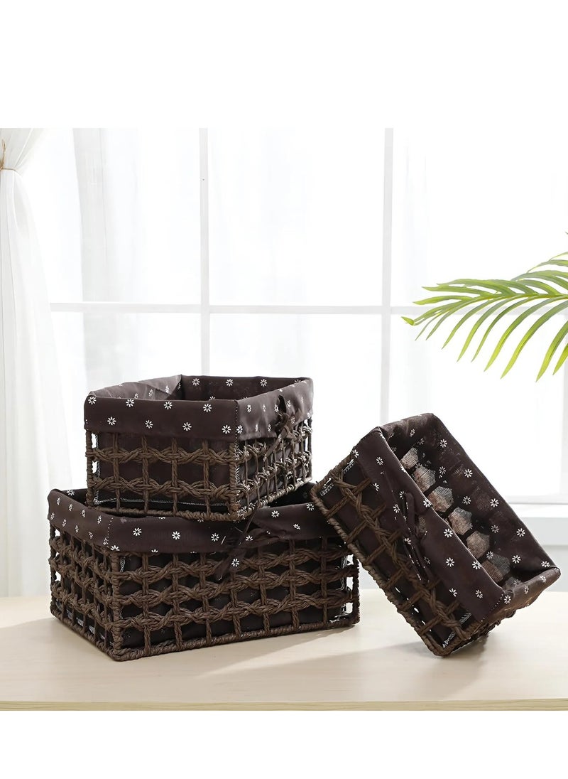 Cozy Nest - Set of 3 Eco-Friendly Handwoven Storage Baskets – Durable Rectangular Woven Bins with Sturdy Plastic Frame, Removable Fabric Lining, Decorative Macrame Design for Sundries, Toys, Books, Toiletries, and Elegant Home Organization - Image 1