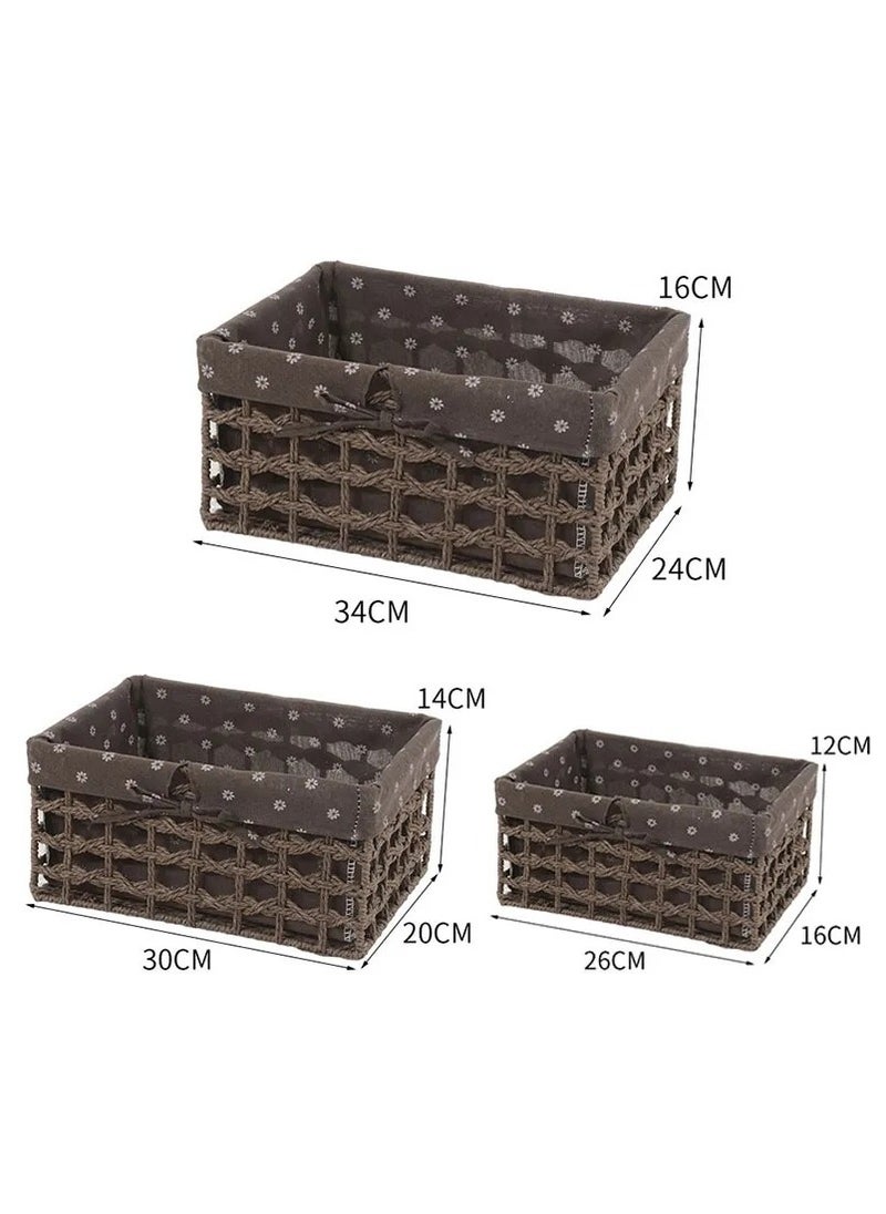 Cozy Nest - Set of 3 Eco-Friendly Handwoven Storage Baskets – Durable Rectangular Woven Bins with Sturdy Plastic Frame, Removable Fabric Lining, Decorative Macrame Design for Sundries, Toys, Books, Toiletries, and Elegant Home Organization - Image 1