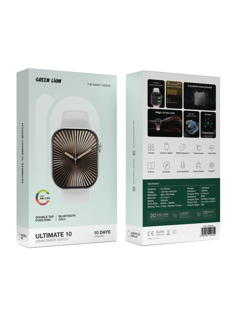 GREEN LION Ultimate 10 42MM Smart Watch /AMOLED Display 1.85inch / Storage 1GB Flash / Bluetooth Call / Games / Dynamic Island /Thermometer / Heart rate / E-Book / Compass / ChatGPT - Silver  - Image 2