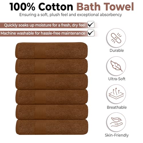 KAHAF COLLECTION Pack of 6 Bath Towels 27 x 54 Inches, 100% Cotton, Larger & Lighter Weight, Quicker to Dry, Super Soft and Absorbent, Perfect for Bathroom (Brown, Pack of 6 (27''x54'')) - Image 2