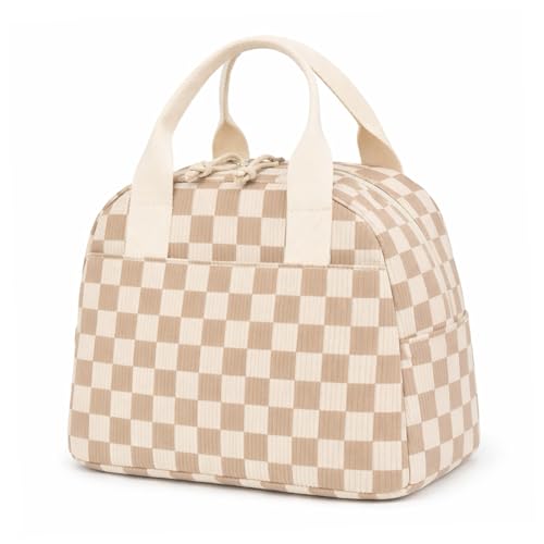 LOVELYWIND Insulated Brown checkered Lunch Bag for Women, Corduroy Tote with Aluminum Lining, Large Capacity Reusable Cooler for Work, Travel, Beach or Picnic, Checkered Water-Resistant Lunch Box - Image 1