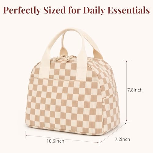 LOVELYWIND Insulated Brown checkered Lunch Bag for Women, Corduroy Tote with Aluminum Lining, Large Capacity Reusable Cooler for Work, Travel, Beach or Picnic, Checkered Water-Resistant Lunch Box - Image 3