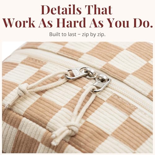 LOVELYWIND Insulated Brown checkered Lunch Bag for Women, Corduroy Tote with Aluminum Lining, Large Capacity Reusable Cooler for Work, Travel, Beach or Picnic, Checkered Water-Resistant Lunch Box - Image 5