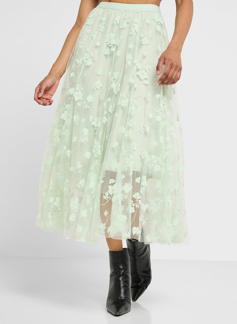 Ginger Floral Applique Pleated Tulle Midi Skirt - Image 1
