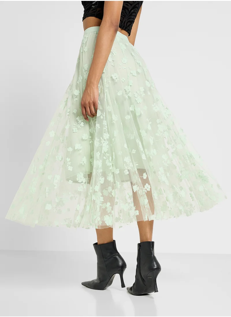 Ginger Floral Applique Pleated Tulle Midi Skirt