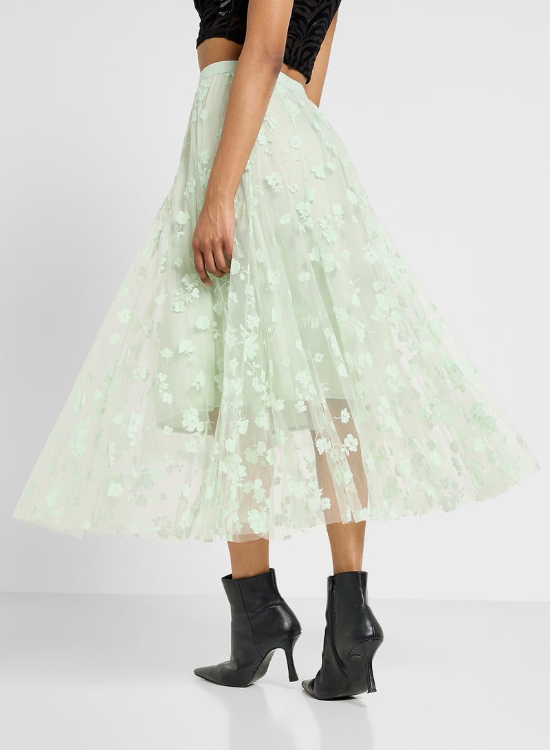 Ginger Floral Applique Pleated Tulle Midi Skirt - Image 3