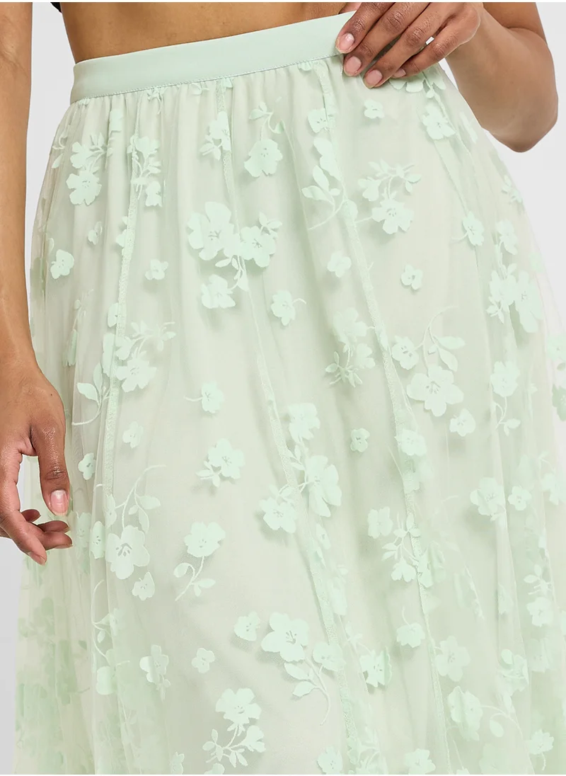 Ginger Floral Applique Pleated Tulle Midi Skirt