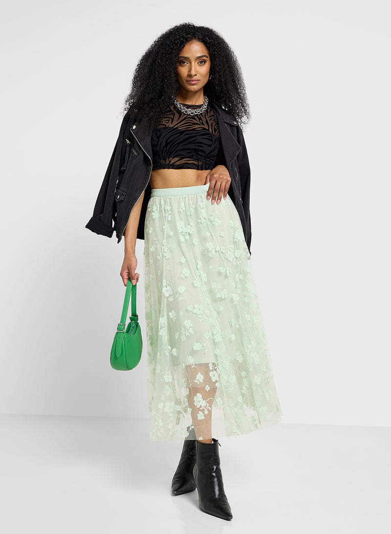 Ginger Floral Applique Pleated Tulle Midi Skirt - Image 2