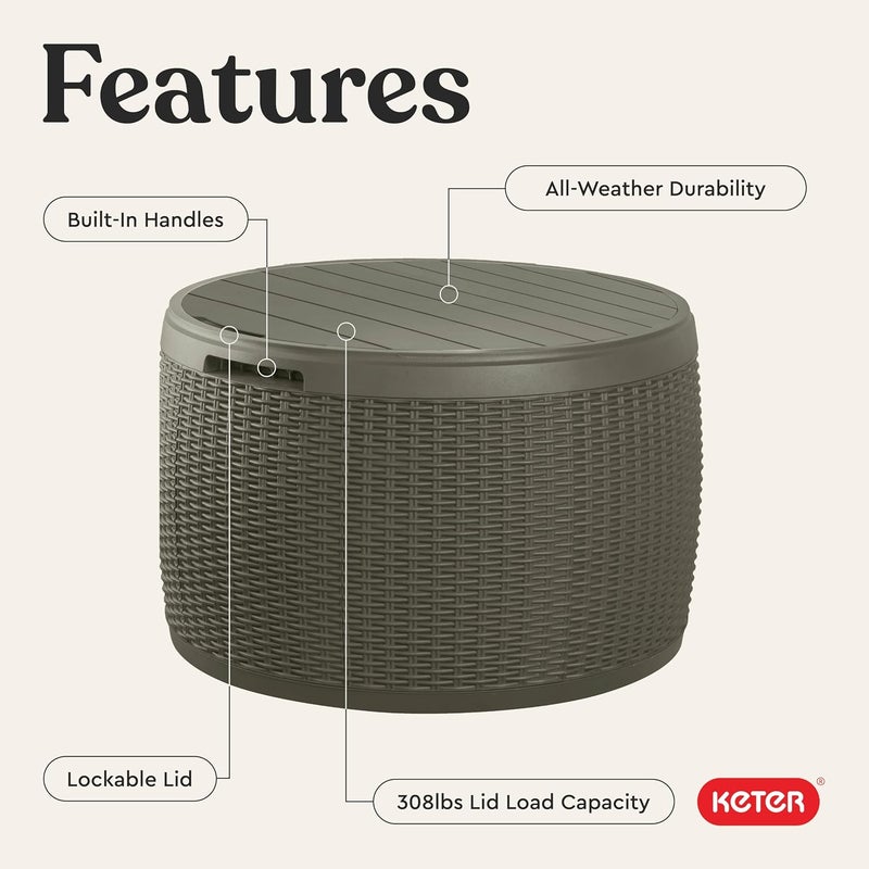 Keter Circa 37 Gallon Resin Deck Box Stool, All-Weather Outdoor Storage Seat with Rattan-Look Finish, Durable Patio Storage Bench for Cushions, Garden Tools, Pool Accessories - Image 4