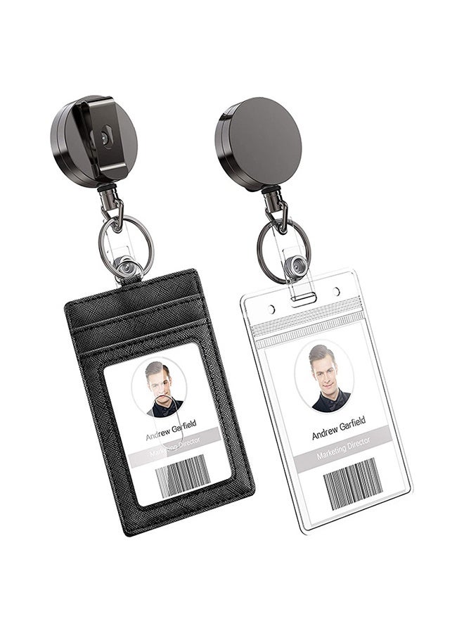 2 قطعة حامل بطاقة هوية عمودي للخدمة الشاقة حامل شارة معدني قابل للسحب مع حلقة مفاتيح بمشبك حزام، حامل شارة شفاف مقاوم للماء وجلد PU - Image 1