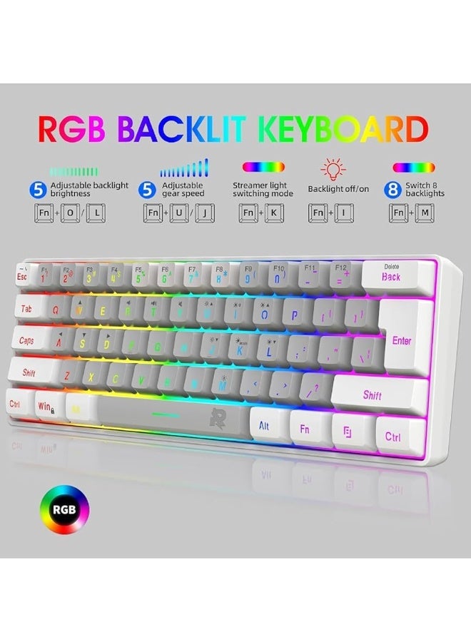 روك بو مجموعة ماوس لوحة مفاتيح سلكية للألعاب العربية بنسبة 60%، ماوس ألعاب RGB مريح للغاية ومستشعر بصري 8000 نقطة في البوصة، 61 مفتاح لوحة مفاتيح ألعاب بإضاءة خلفية RGB، لوحة مفاتيح صغيرة مقاومة للماء للغاية لألعاب الكمبيوتر الشخصي - Image 3