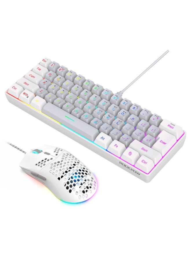 روك بو مجموعة ماوس لوحة مفاتيح سلكية للألعاب العربية بنسبة 60%، ماوس ألعاب RGB مريح للغاية ومستشعر بصري 8000 نقطة في البوصة، 61 مفتاح لوحة مفاتيح ألعاب بإضاءة خلفية RGB، لوحة مفاتيح صغيرة مقاومة للماء للغاية لألعاب الكمبيوتر الشخصي - Image 1