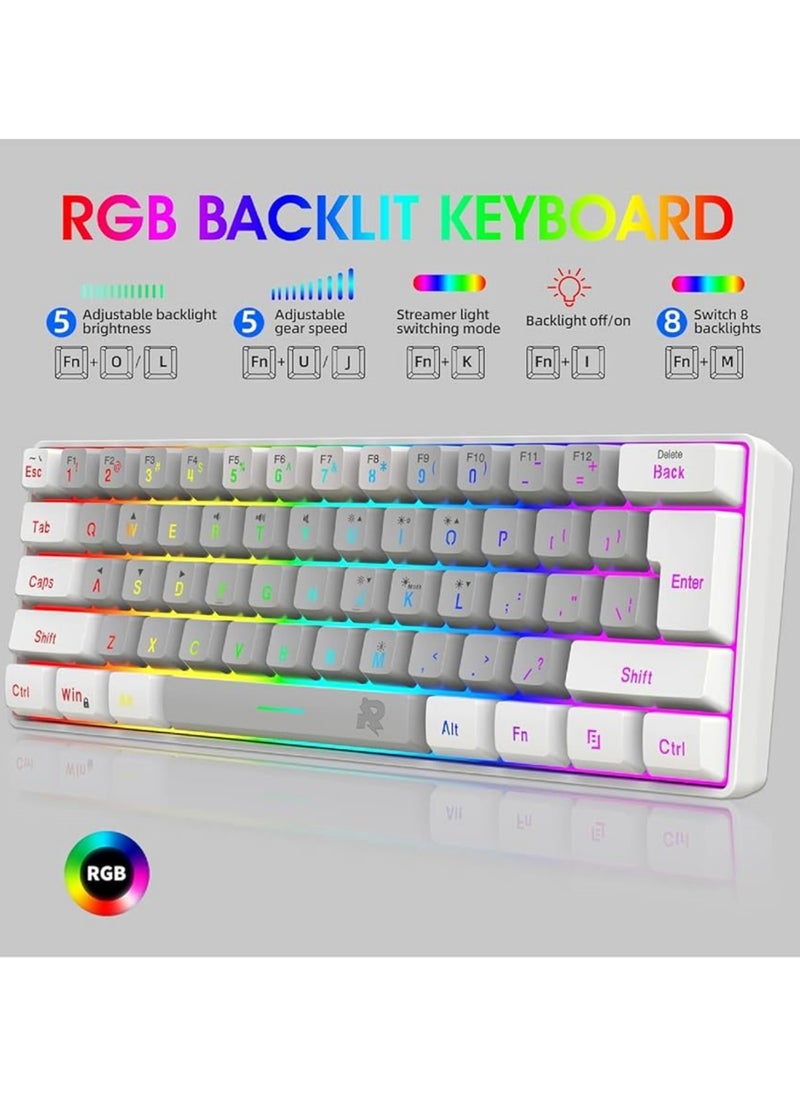 روك بو مجموعة ماوس لوحة مفاتيح سلكية للألعاب العربية بنسبة 60%، ماوس ألعاب RGB مريح للغاية ومستشعر بصري 8000 نقطة في البوصة، 61 مفتاح لوحة مفاتيح ألعاب بإضاءة خلفية RGB، لوحة مفاتيح صغيرة مقاومة للماء للغاية لألعاب الكمبيوتر الشخصي  - Image 2