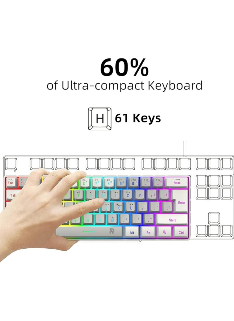 Rock Pow - Arabic 60% Wired Gaming Keyboard Mouse Combo,RGB Gaming Mice Ergonomic Ultralight 8000DPI Optical Sensor,61 Keys RGB Backlit Gaming Keyboard,Ultra-Compact Mini Waterproof Keyboard for PC Computer Gamer - Image 1