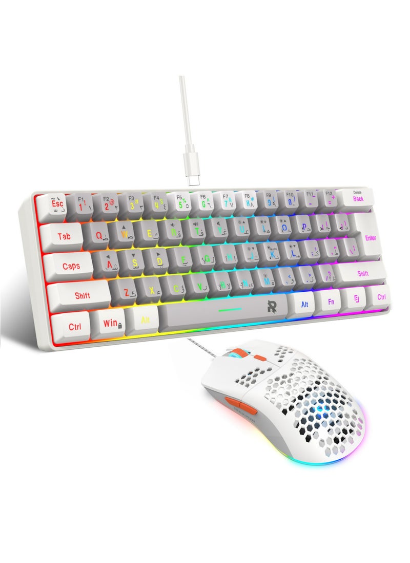 روك بو مجموعة ماوس لوحة مفاتيح سلكية للألعاب العربية بنسبة 60%، ماوس ألعاب RGB مريح للغاية ومستشعر بصري 8000 نقطة في البوصة، 61 مفتاح لوحة مفاتيح ألعاب بإضاءة خلفية RGB، لوحة مفاتيح صغيرة مقاومة للماء للغاية لألعاب الكمبيوتر الشخصي  - Image 1