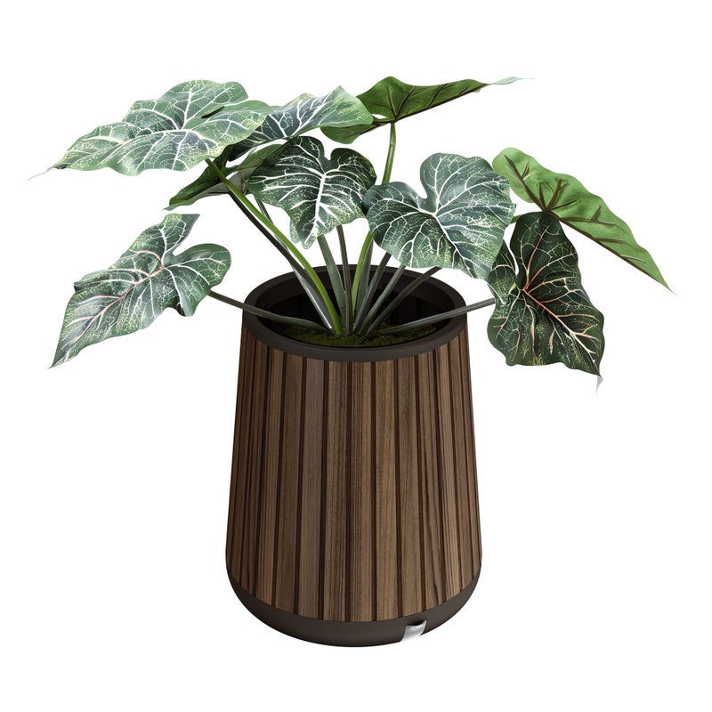 Keter Signature Conic 23.8 Inch Tall Round Large Wood Look Planter for Indoor or Outdoor Flower Pot Ideal for Patio Deck and Front Porch Decor, Rosewood - Image 1
