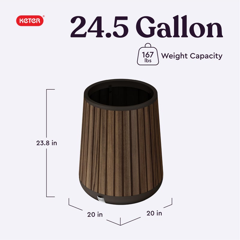 Keter Signature Conic 23.8 Inch Tall Round Large Wood Look Planter for Indoor or Outdoor Flower Pot Ideal for Patio Deck and Front Porch Decor, Rosewood - Image 2