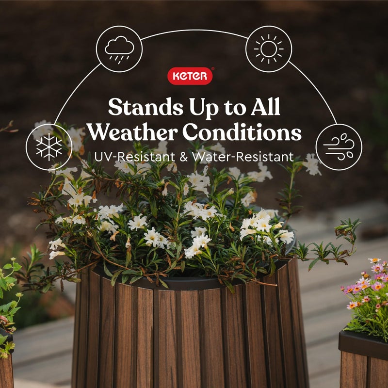Keter Signature Conic 23.8 Inch Tall Round Large Wood Look Planter for Indoor or Outdoor Flower Pot Ideal for Patio Deck and Front Porch Decor, Rosewood - Image 3