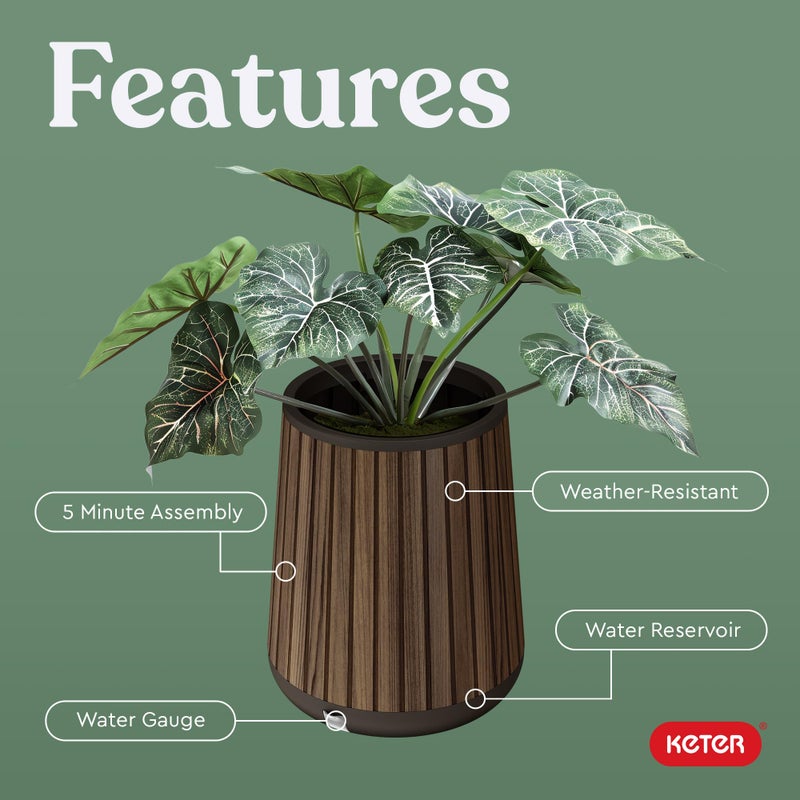 Keter Signature Conic 23.8 Inch Tall Round Large Wood Look Planter for Indoor or Outdoor Flower Pot Ideal for Patio Deck and Front Porch Decor, Rosewood - Image 4