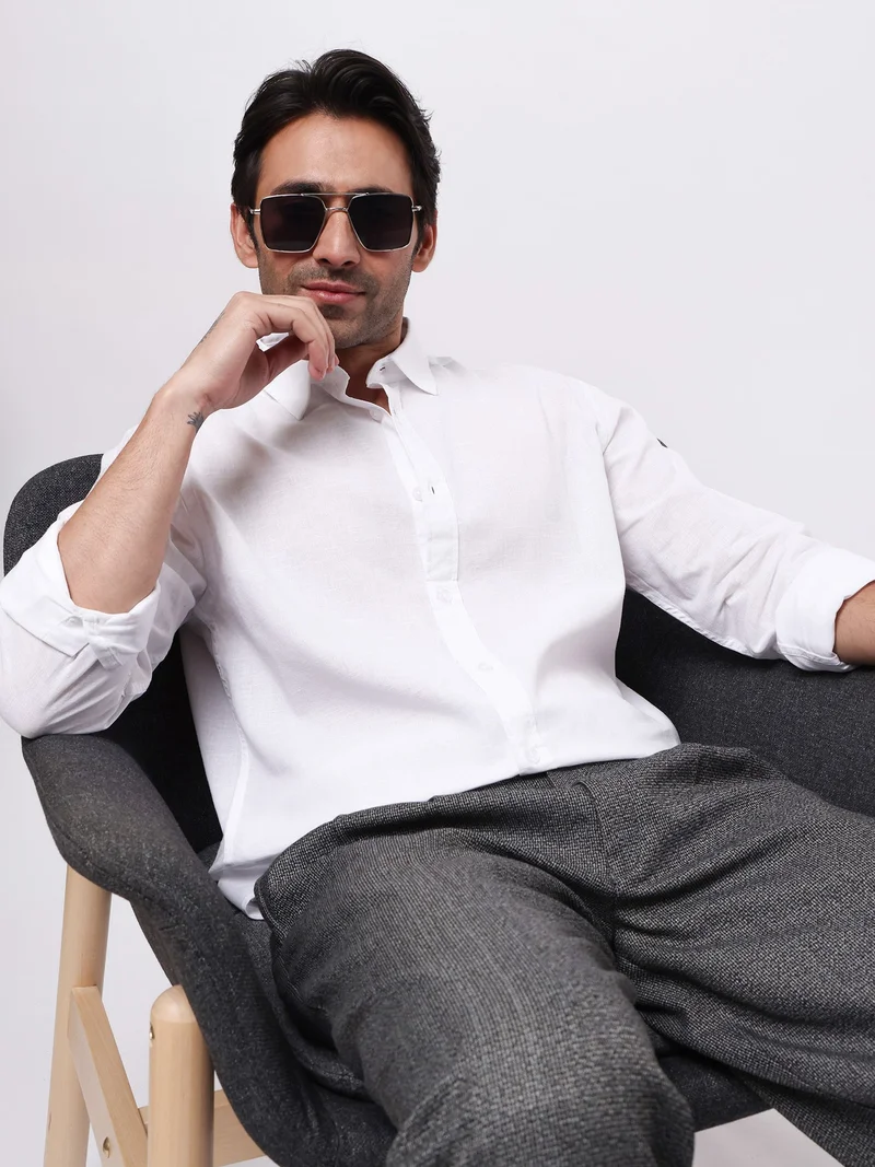 Maniac  Maniac Solid Mens Collared Neck Full Sleeve Cotton Linen White Shirt for Men | Best Price UAE