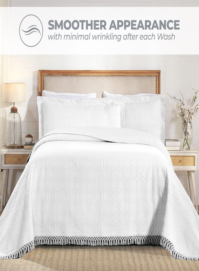 Superior Remi Cotton Blend 3 Piece Bedspread Set, Home Bed Decor, Oversized Bedspread, 2 Pillow Shams, Medium Weight Blanket, Geometric Fringe, Matelasse Coverlet, Bedding Essentials, Queen, White - Image 5