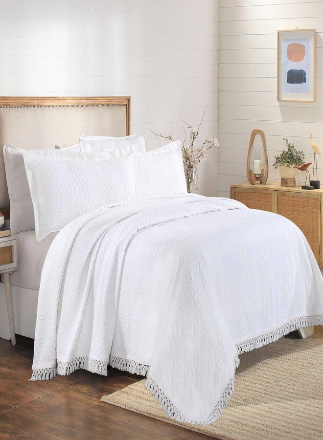 Superior Remi Cotton Blend 3 Piece Bedspread Set, Home Bed Decor, Oversized Bedspread, 2 Pillow Shams, Medium Weight Blanket, Geometric Fringe, Matelasse Coverlet, Bedding Essentials, Queen, White - Image 2