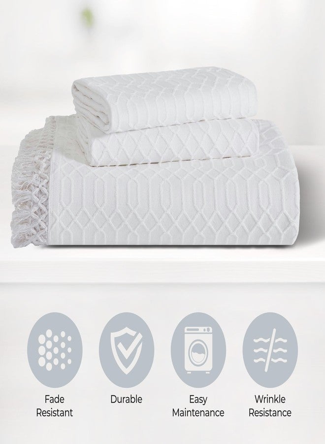 Superior Remi Cotton Blend 3 Piece Bedspread Set, Home Bed Decor, Oversized Bedspread, 2 Pillow Shams, Medium Weight Blanket, Geometric Fringe, Matelasse Coverlet, Bedding Essentials, Queen, White - Image 4