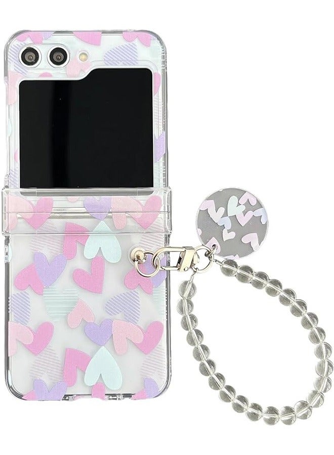 Case for Samsung Galaxy Z Flip 5 Case,Heart Graffiti Pattern Phone Case with Strap Wrist, Slim Case Compatible with Samsung Galaxy Z Flip 5, PC material Anti-Scratch Phone Fashion Cover Women Girls