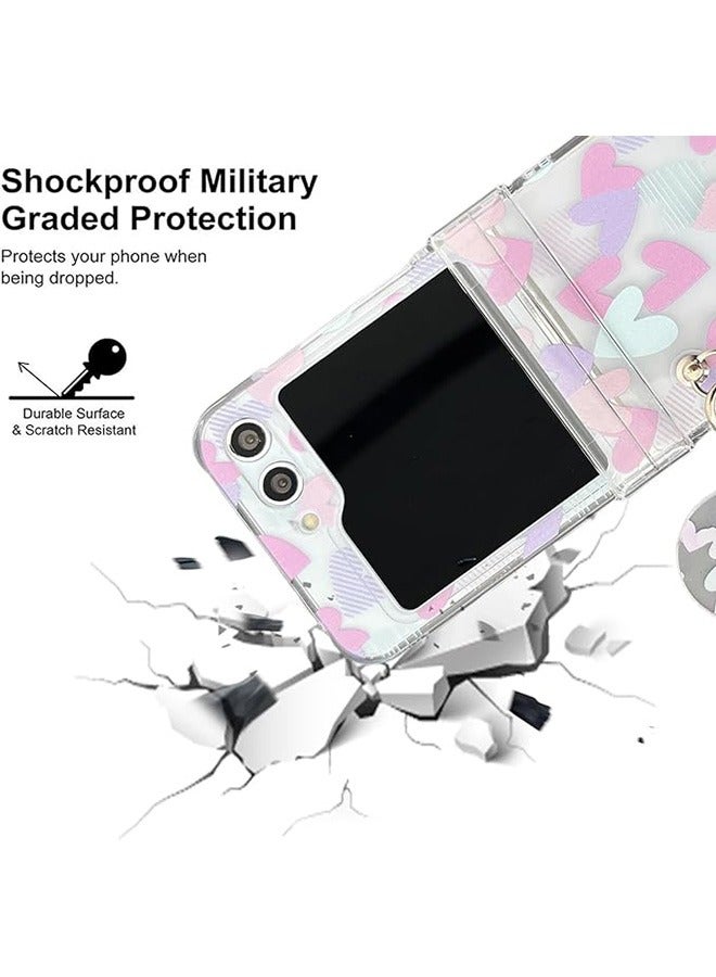 Case for Samsung Galaxy Z Flip 5 Case,Heart Graffiti Pattern Phone Case with Strap Wrist, Slim Case Compatible with Samsung Galaxy Z Flip 5, PC material Anti-Scratch Phone Fashion Cover Women Girls