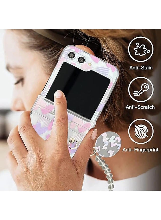 Case for Samsung Galaxy Z Flip 5 Case,Heart Graffiti Pattern Phone Case with Strap Wrist, Slim Case Compatible with Samsung Galaxy Z Flip 5, PC material Anti-Scratch Phone Fashion Cover Women Girls