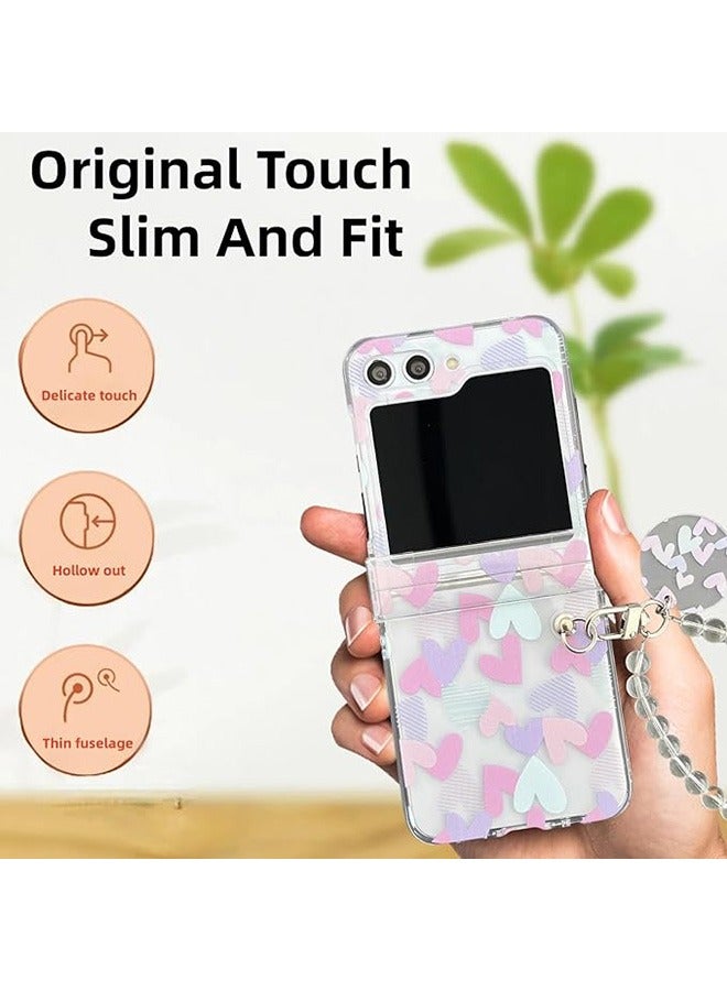 Case for Samsung Galaxy Z Flip 5 Case,Heart Graffiti Pattern Phone Case with Strap Wrist, Slim Case Compatible with Samsung Galaxy Z Flip 5, PC material Anti-Scratch Phone Fashion Cover Women Girls