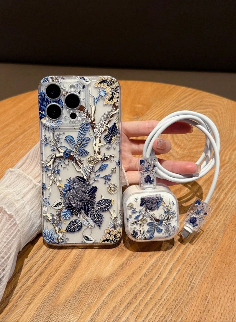iPhone 16 Pro Max Case and Charger Cover – 4-Piece Set Protective charger case and phone case adorned with  floral designs adding a feminine and modern touch. - Image 1