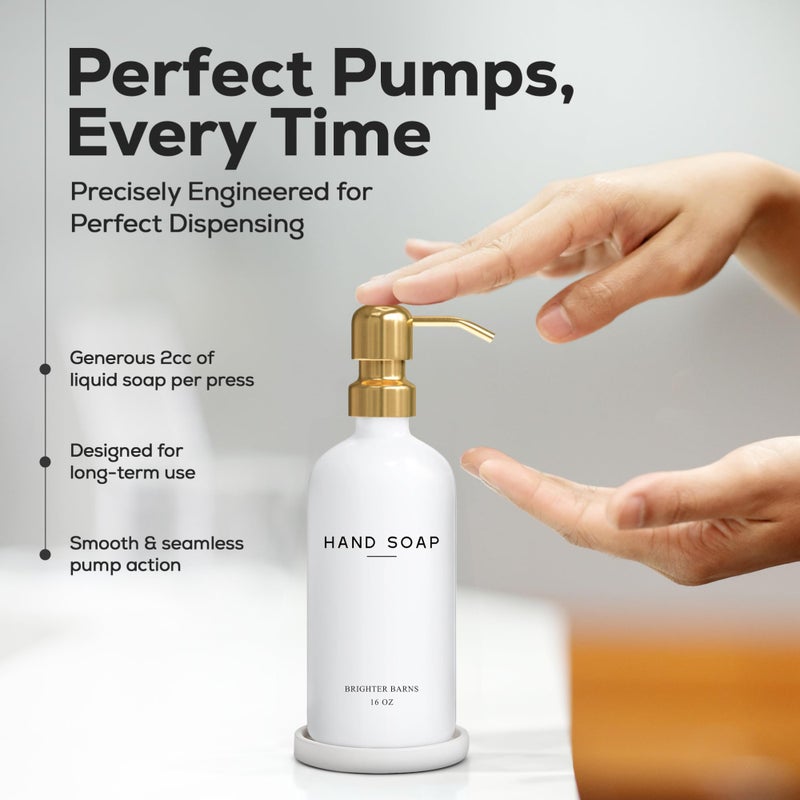 Brighter Barns Luxury Glass Hand Soap Dispenser Bathroom Set by Brighter Barns - Hand Soap Dispenser with Stainless Steel Pump - Glass Bottle with Round Tray - White and Gold Bathroom Decor & Accessories (Gold) - Image 4